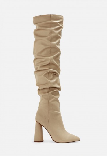 MISSGUIDED nude faux leather block heel over knee boots – slouchy look boot
