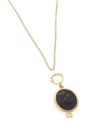 AZLEE Nymph baguette-diamond & 18kt gold necklace / black glass pendant - flipped