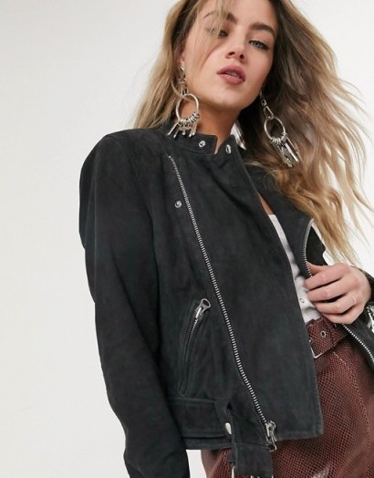Object real leather suede chunky biker jacket in black - flipped