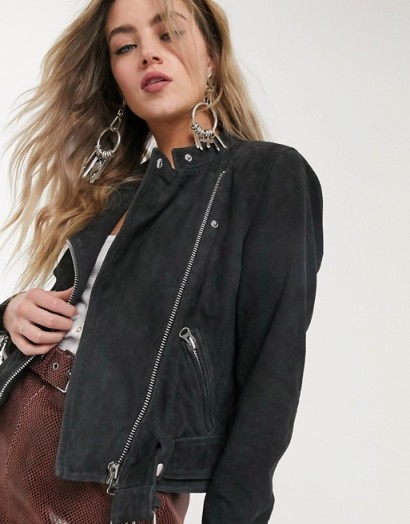 Object real leather suede chunky biker jacket in black