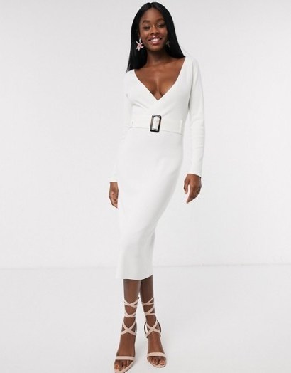 Outrageous Fortune wrap front knitted midi pencil dress with belt detail in cream – daring plunge neckline fashion - flipped