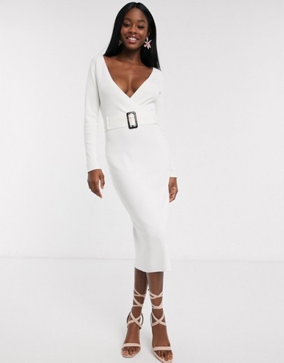 Outrageous Fortune wrap front knitted midi pencil dress with belt detail in cream – daring plunge neckline fashion