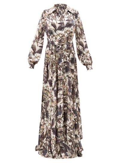 EDWARD CRUTCHLEY Parrot-print belted silk-satin maxi dress in white