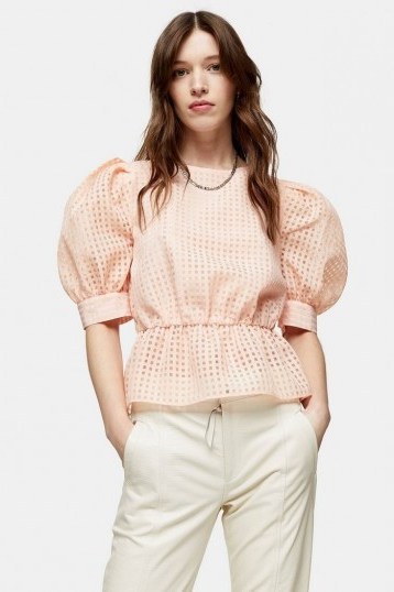 TOPSHOP Peach Sheer Check Puff Sleeve Blouse / oversized puffed sleeves - flipped