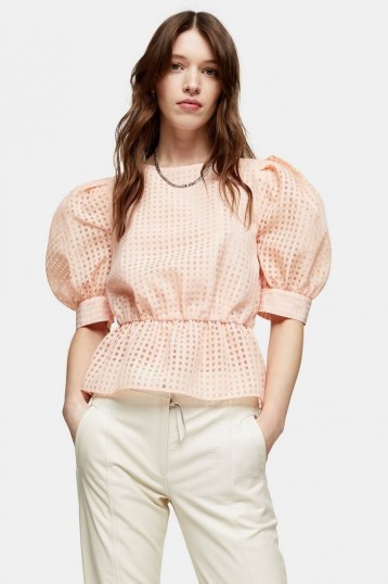 TOPSHOP Peach Sheer Check Puff Sleeve Blouse / oversized puffed sleeves