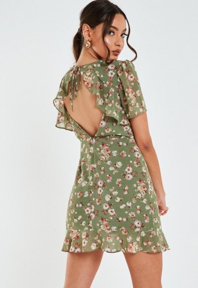 MISSGUIDED petite green floral open back mini dress -short tea dresses - flipped