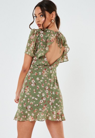 MISSGUIDED petite green floral open back mini dress -short tea dresses
