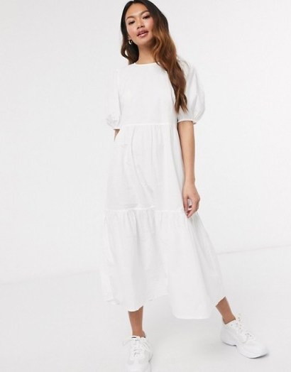 Pieces cotton midi smock dress with puff sleeve in white | warmer weather dresses - flipped