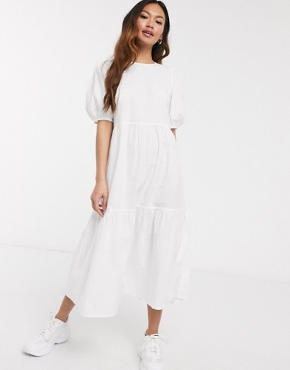 Pieces cotton midi smock dress with puff sleeve in white | warmer weather dresses