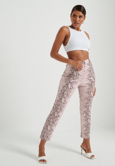 MISSGUIDED pink faux leather snake print straight leg trousers - flipped