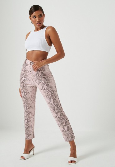 MISSGUIDED pink faux leather snake print straight leg trousers