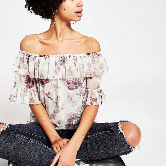 RIVER ISLAND Pink floral ruffle bardot top – off the shoulder