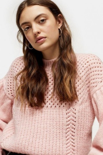 Topshop Pink Mid Weight Yoke Knitted Jumper | open knit ballon sleeved sweater - flipped