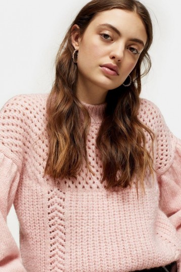 Topshop Pink Mid Weight Yoke Knitted Jumper | open knit ballon sleeved sweater