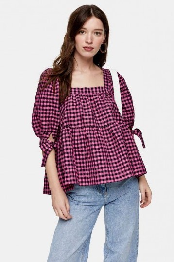 TOPSHOP Pink Neon Check Chuck On Blouse – checked puff sleeve top - flipped