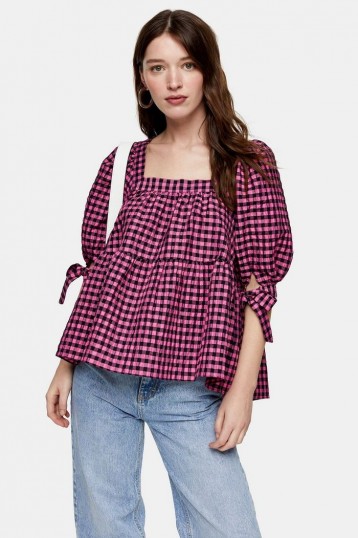 TOPSHOP Pink Neon Check Chuck On Blouse – checked puff sleeve top