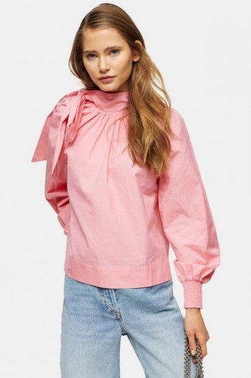 TOPSHOP Pink Poplin Pussybow – neck tie blouses - flipped