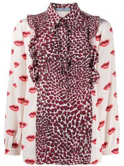 PRADA lips and hearts printed shirt – high neck bow detail blouse