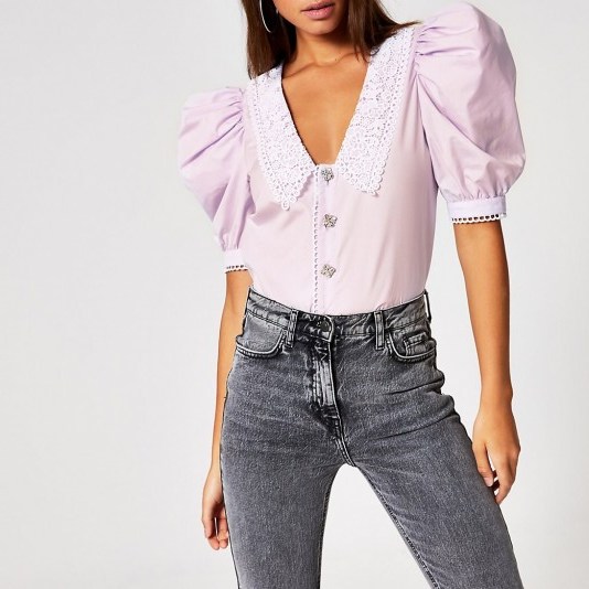 River Island Purple lace collar embellished button shirt – oversized puffed sleeves - flipped