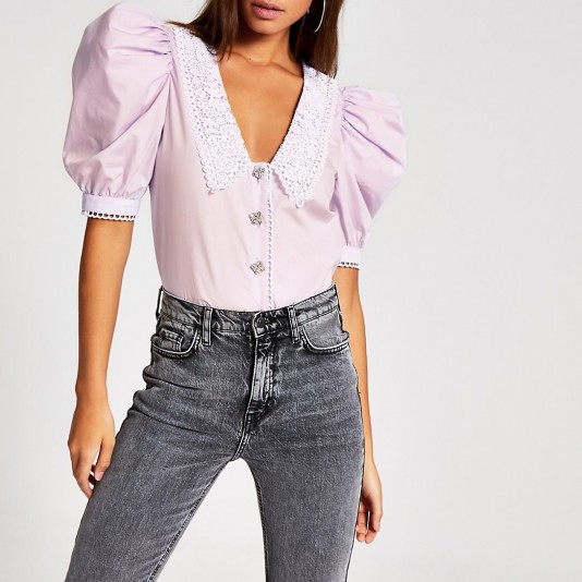 River Island Purple lace collar embellished button shirt – oversized puffed sleeves