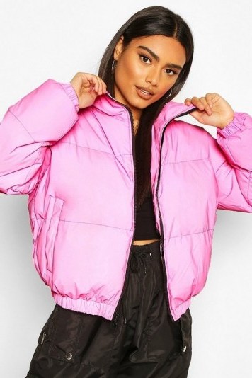 boohoo Reflective Funnel Neck Padded Jacket in Pink - flipped