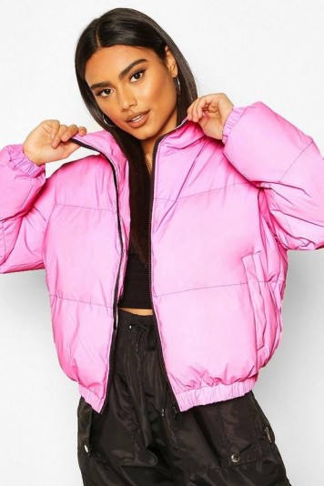 boohoo Reflective Funnel Neck Padded Jacket in Pink