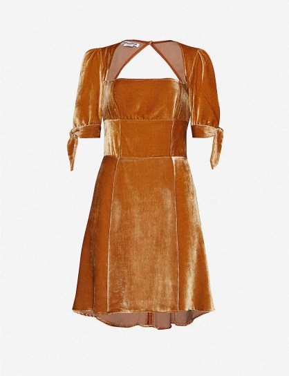 REFORMATION Cambrie A-line velvet mini dress in gold ~ open back dresses - flipped