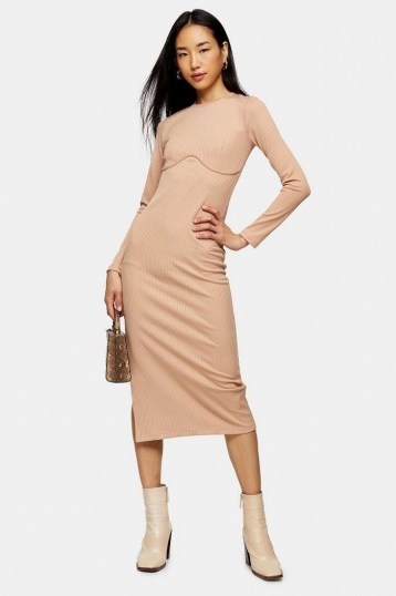 TOPSHOP Ribbed Corset Midi Dress in Nude - flipped