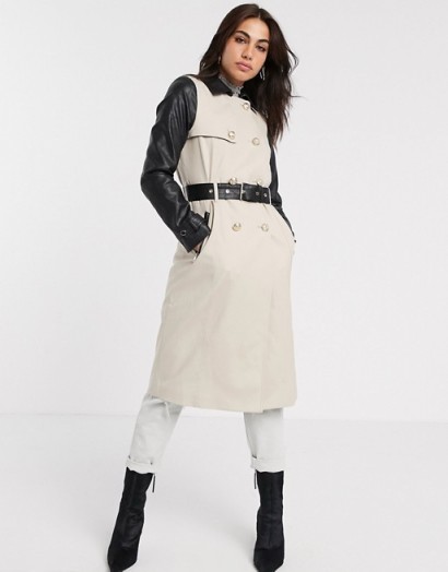 River Island trench coat with faux leather sleeves in beige