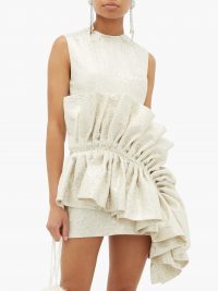 GERMANIER Ruffled upcycled brocade dress in white – glamorous style statement dresses