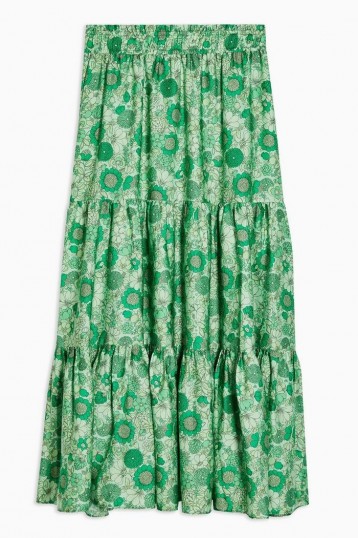 TOPSHOP 70s Floral Tiered Midi Skirt in Green
