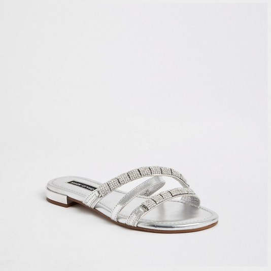 River Island Silver leather embellished strappy sandals | metallic flat sandal - flipped