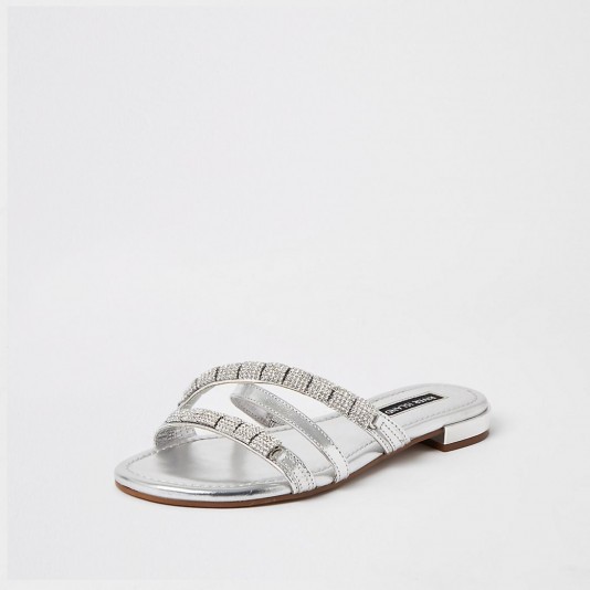 River Island Silver leather embellished strappy sandals | metallic flat ...