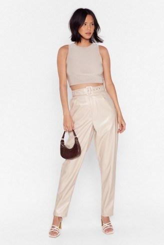 NASTY GAL Slit Me Up High-Waisted Faux Leather Trousers in ecru - flipped