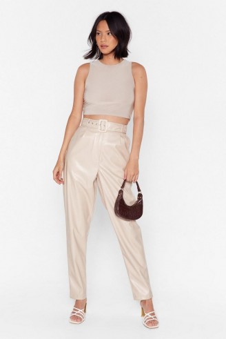 NASTY GAL Slit Me Up High-Waisted Faux Leather Trousers in ecru