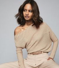 REISS SOFFIE STRIPED OFF-THE-SHOULDER TOP NUDE