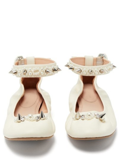SIMONE ROCHA Spike and crystal-embellished leather ballet flats in cream