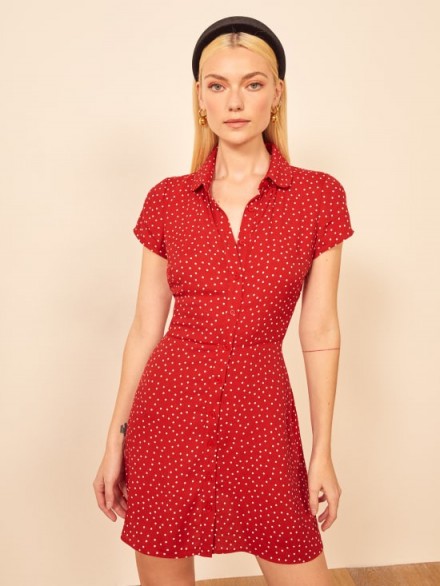 Reformation Sunday Dress in Ditty / red dot print dresses
