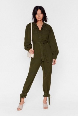NASTY GAL Switch Up the Volume Denim Belted Boilersuit in Khaki – ankle tie boiler suit - flipped