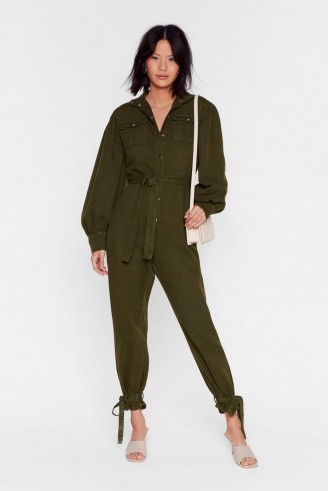 NASTY GAL Switch Up the Volume Denim Belted Boilersuit in Khaki – ankle tie boiler suit