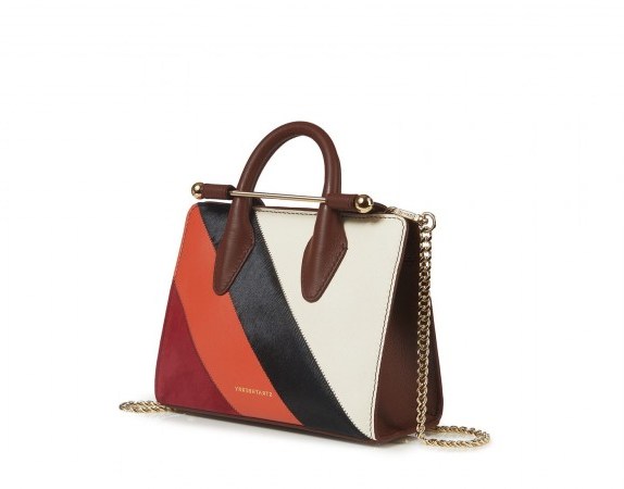 THE STRATHBERRY NANO TOTE in PATCHWORK STRIPES CHOCOLATE | colourblock handbag - flipped