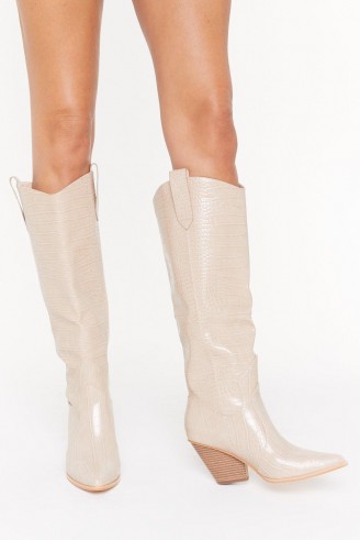 NASTY GAL The Wild Western Faux Leather Croc Boots in Stone