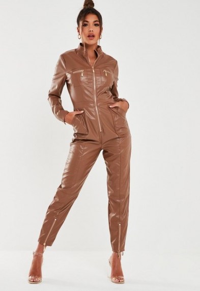 MISSGUIDED toffee faux leather zip jumpsuit - flipped
