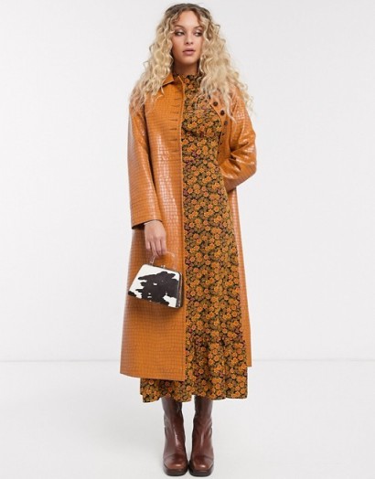 Topshop faux leather midi trench coat in tan | high shine coats