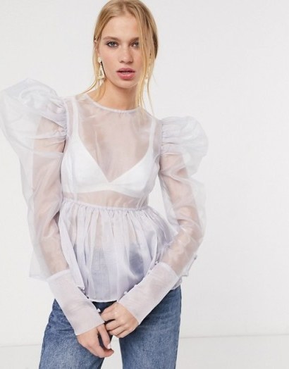 UNIQUE 21 sheer organza top with puff sleeves and peplum hem in lilac | oversized puff sleeved blouse - flipped