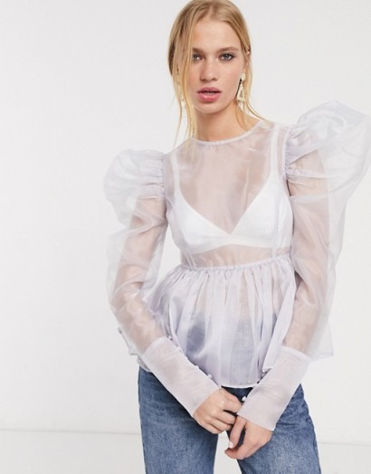 UNIQUE 21 sheer organza top with puff sleeves and peplum hem in lilac | oversized puff sleeved blouse