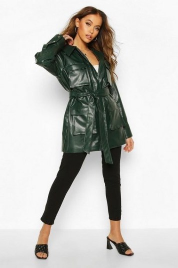 boohoo Utility Pocket Leather Look Jacket in Forest – green – belted - flipped