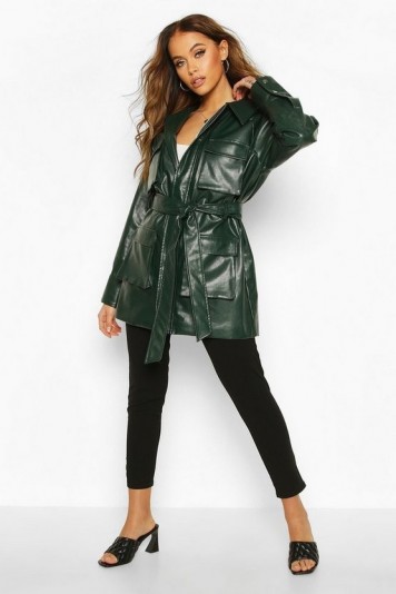 boohoo Utility Pocket Leather Look Jacket in Forest – green – belted
