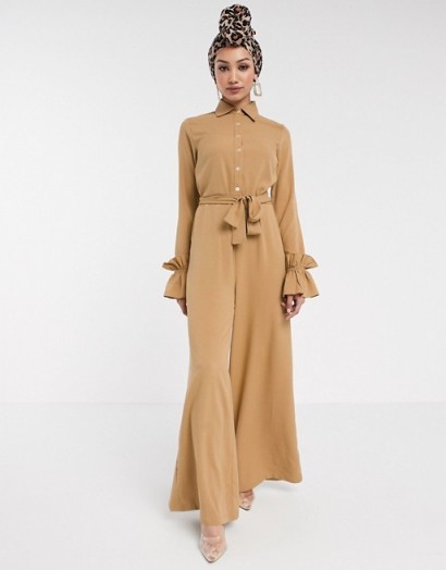 Verona wide leg jumpsuit with ruffle sleeve in beige – glamorous jumpsuits