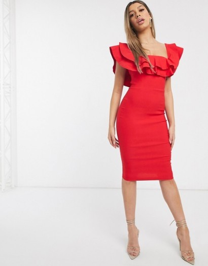 Vesper bardot midi dress in red – ruffled going out dresses